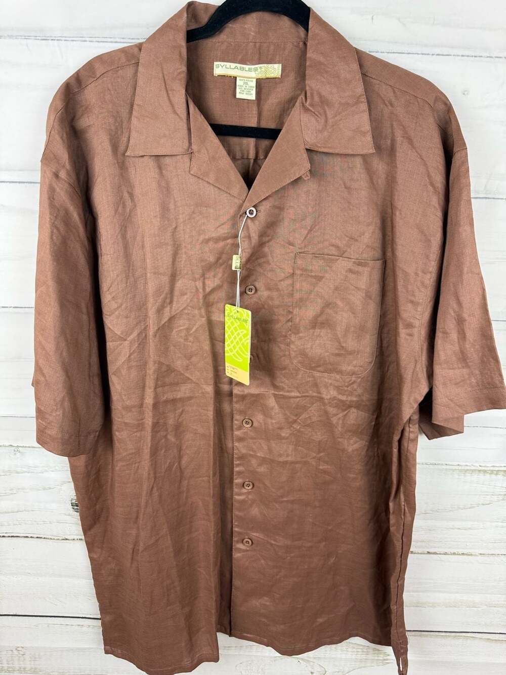 Syllables Men's 2XL 100% Ramie Short Sleeve Button  Shirt Cappuccino Brown NWTS